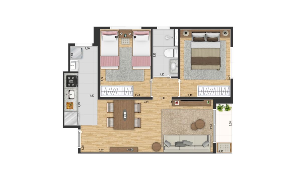 Way - Planta 47m² - 2 dorms.