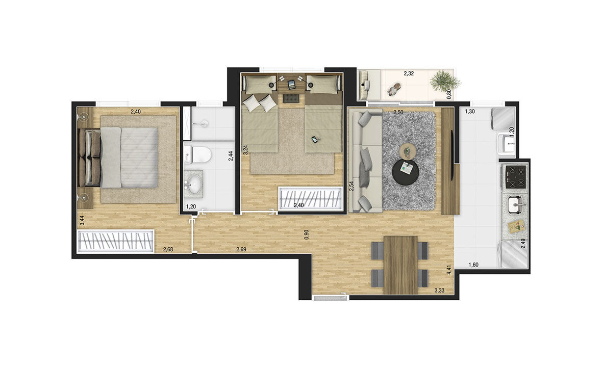 Way - Planta 48m² - 2 dorms.